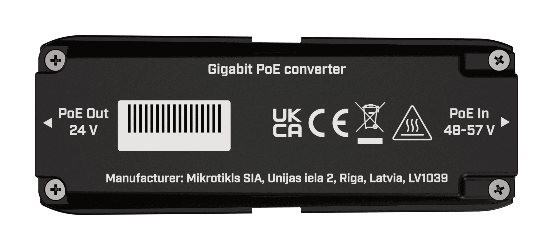 GPOE-CON-mini underside with 24 V PoE output and 48–57 V PoE input