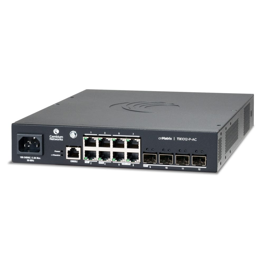 Cambium Networks MXTX1012GxPD00 cnMatrix TX1012-P-AC, AC Powered Intelligent Ethernet PoE Switch, 8 x 1Gbps, and 4 SFP+