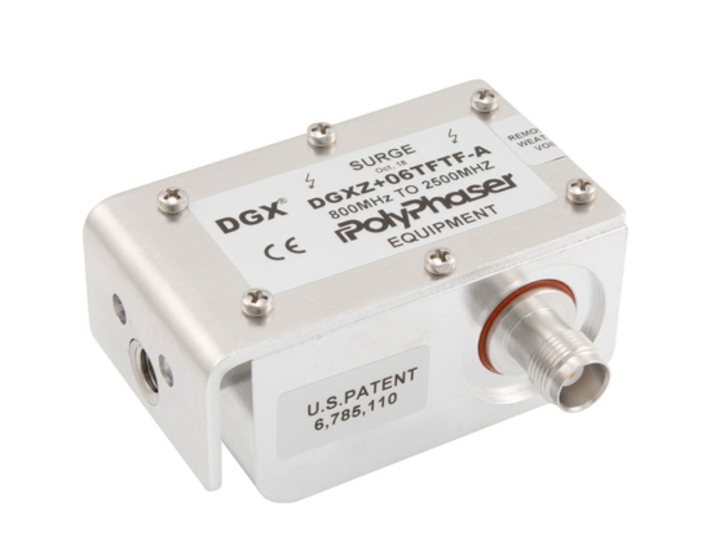 PolyPhaser DGXZ+06TFTF-A TNC F/F Coaxial RF Surge Protector, 800MHz - 2.5GHz, 300W, IP67, 6 V Max., 500uJ, 20kA, Hybrid, Bracket Down, Hole Mount